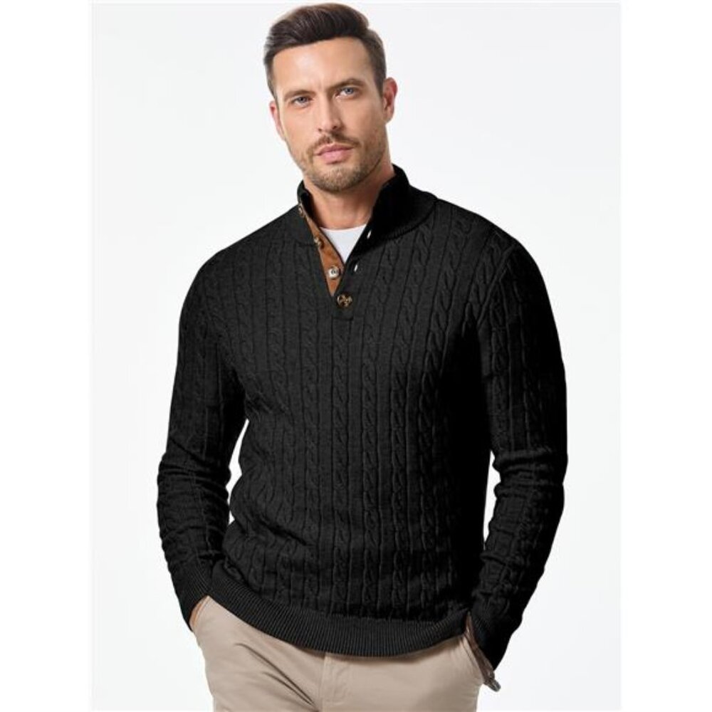 Men's Cable Knit Pullover Sweater Casual Stand Collar Button Knitted - Picture 3 of 7